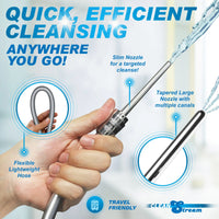 Handheld cleaning tool with various nozzles and text highlighting features and benefits.