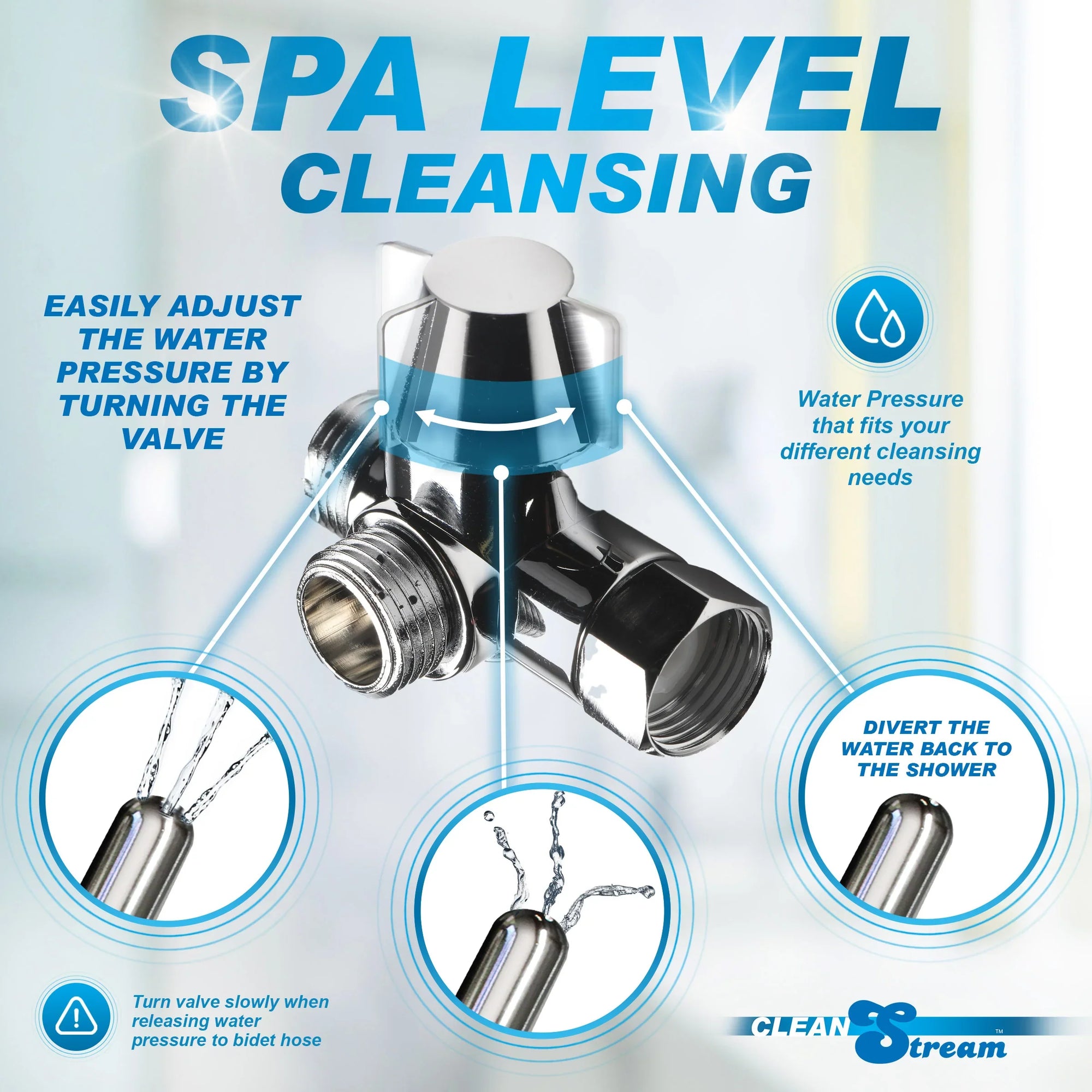 Spa level cleansing valve with water pressure adjustment instructions on a white background