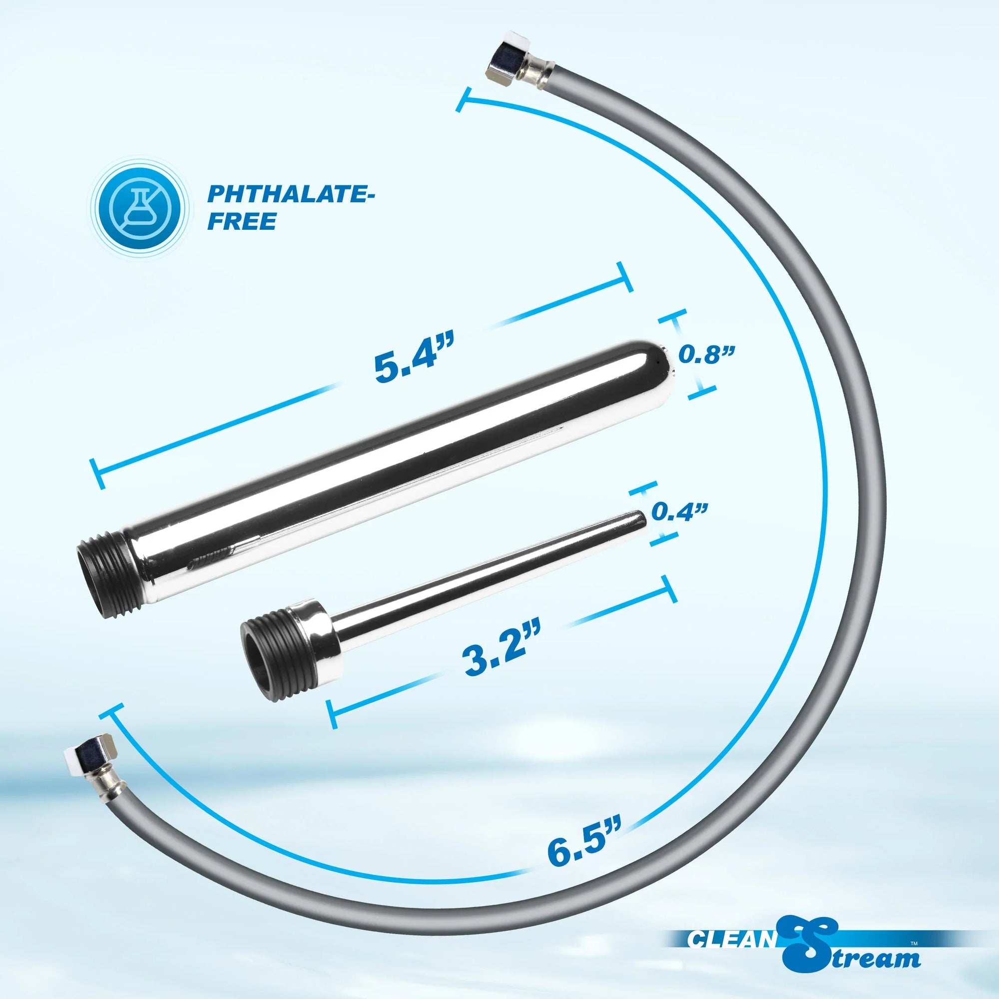 Measurement chart of a hose and nozzles with 'Phthalate-Free' label on a light blue background.