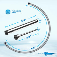 Measurement chart of a hose and nozzles with 'Phthalate-Free' label on a light blue background.