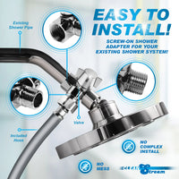 Screw-on shower adapter with labeled parts and text 'Easy to Install' on a light blue background.