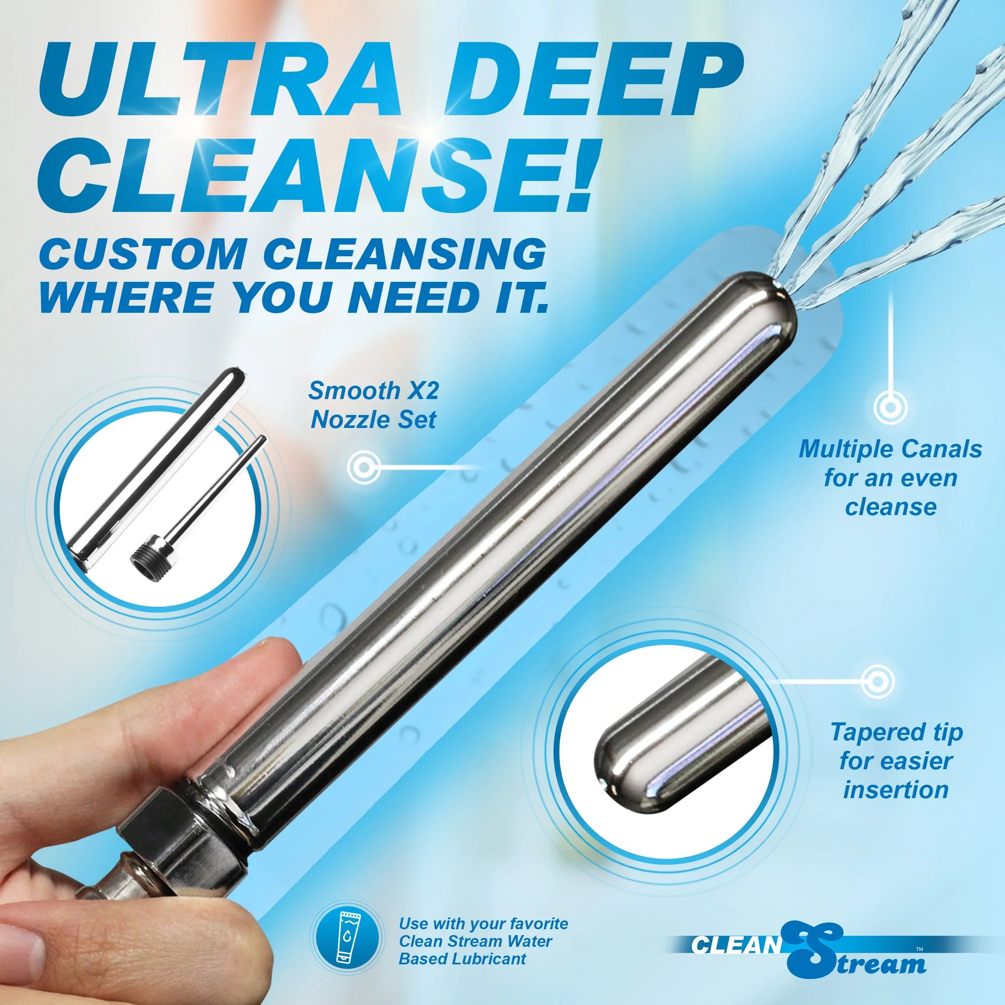 Product advertisement for a 'Ultra Deep Cleanse' device with text and features highlighted on a blue background.