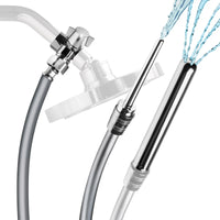 Chrome shower head and hose with water flowing on a white background
