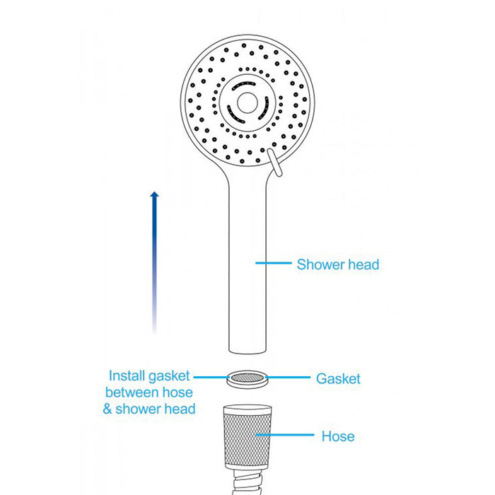 Diagram of a shower head assembly with labeled parts on a white background