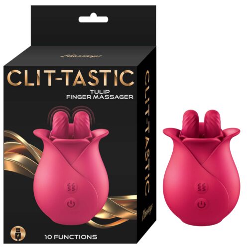 Pink finger massager with 'CLIT-TASTIC' packaging on a white background