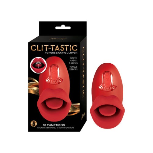 Red 'Clit-Tastic' tongue licking lover product with packaging on a white background