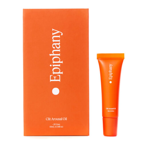 Epiphany Clit Arousal Oil packaging with orange box and tube on a white background