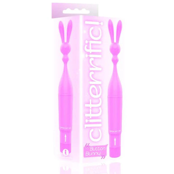 a pink clitoral vibrator with a bunny head and eared tip shown next to its pink display box
