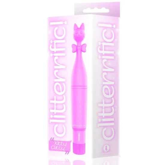 a pink clitoral vibrator with a cat head and bowtied tip shown next to its pink display box