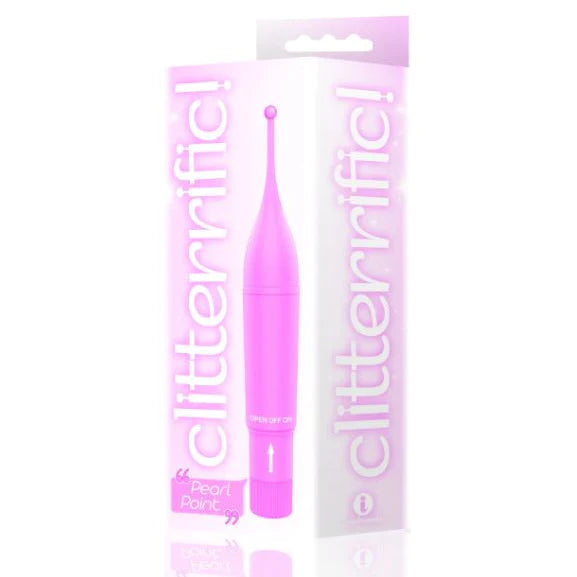 a pink clitoral vibrator with a pinpoint tip shown next to its pink display box