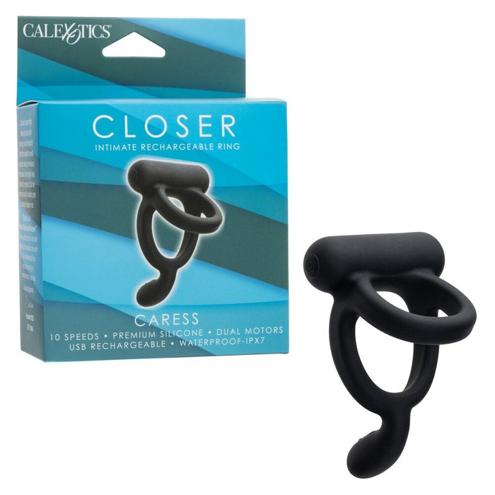 Black 'Closer' intimate rechargeable ring with packaging on a white background
