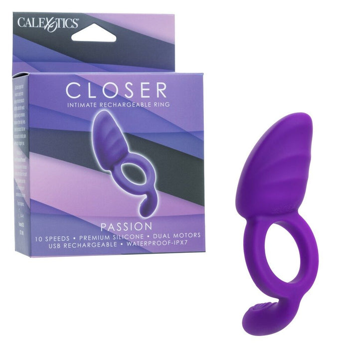 Purple 'Closer' intimate rechargeable ring with packaging on a white background