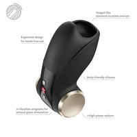Black and gold cobra libre II masturbator with features highlighted on a white background