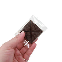 Hand holding a small package of triangular chocolate pieces against a white background