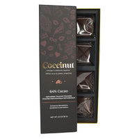 Cocconut chocolate bars in a black box with decorative design on a white background