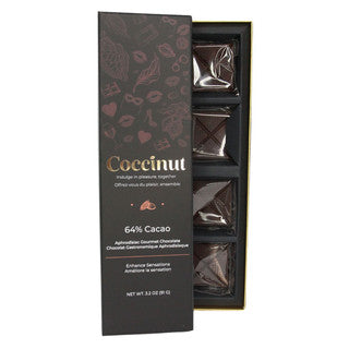 Cocconut chocolate bars in a black box with decorative design on a white background