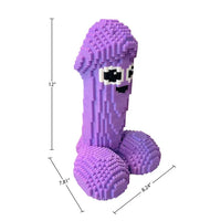 Cock Blocks Bricked Up completed purple 3D building block sculpture measuring 12" tall, 8.24" wide and 7.81" deep.