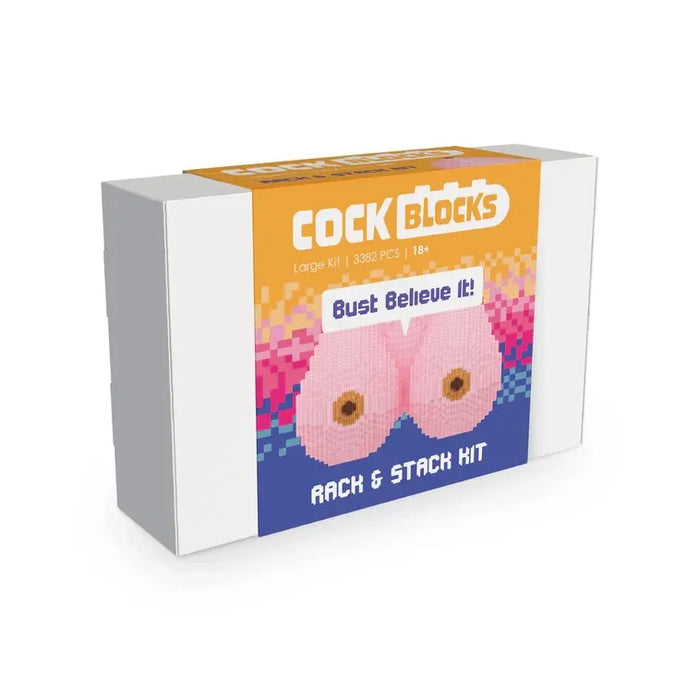 Cock Blocks Rack & Stack Building Blocks by Little Genie, 3,382-piece novelty building kit in colourful packaging.