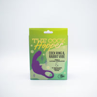 Green packaging of 'The Cock Hopper' with purple illustration on a white background