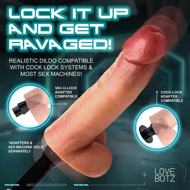 Promotional image of a realistic dildo with text and compatibility information.