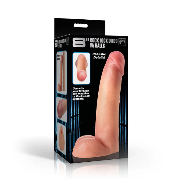 Product packaging of a 8-inch cock lock dildo with balls on a white background