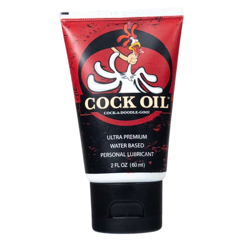 Tube of Cock Oil lubricant with red and black design on a white background