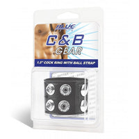 1.5" black leather cock ring with ball strap in plastic package