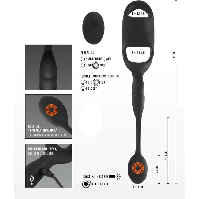black silicone cock and scrotum ring with attached vibrating anal plug with remote control and information and measurements