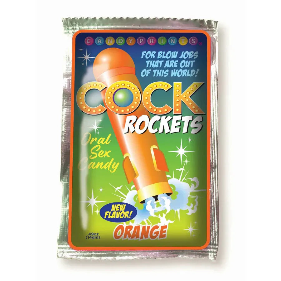 Packaging of Cock Rockets oral sex candy orange with colorful design and text.
