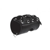Black leather like penis sheath with a hole for the balls and silver loops for the black tightening string 