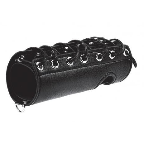 Black leather like penis sheath with a hole for the balls and silver loops for the black tightening string