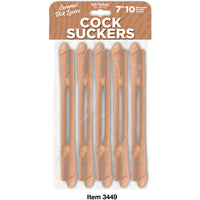 A pack of 10 caramel-colored, 7-inch reusable straws designed to resemble penises, packaged in a clear plastic sleeve with a brown cardboard header reading 'COCK SUCKERS'.