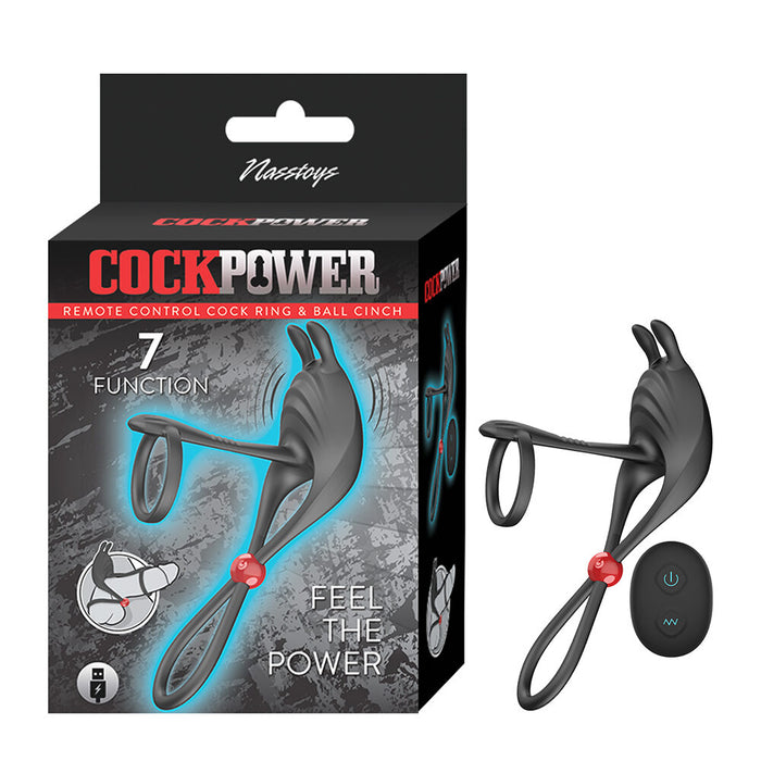 Cock power cock ring packaging with remote control device on a white background