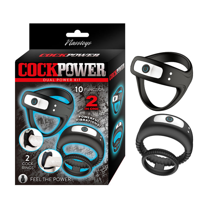 NassToys Cock Power Dual Power Kit featuring two rechargeable vibrating cock ring designs with dual-ring support, ball stretcher options, powerful vibrations, and 10 vibration functions for versatile stimulation.