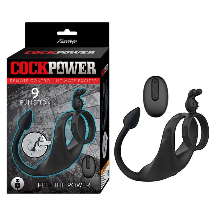 Black remote control cock rign with anal probe with packaging labeled 'Cock Power' on a white background