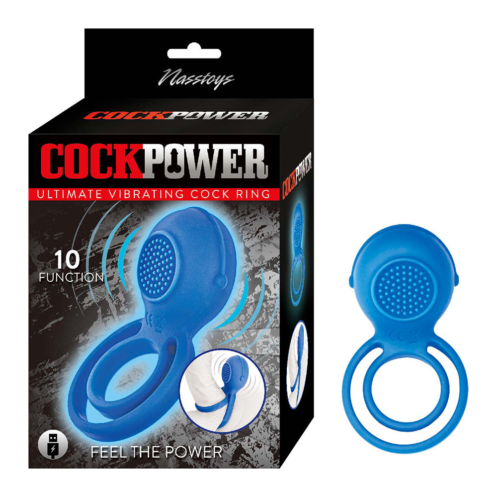 bulbed vibrating cock ring with nubs, with scrotum suppoert beside box packaing in blue