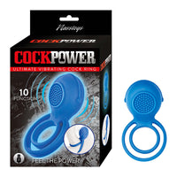 bulbed vibrating cock ring with nubs, with scrotum suppoert beside box packaing in blue