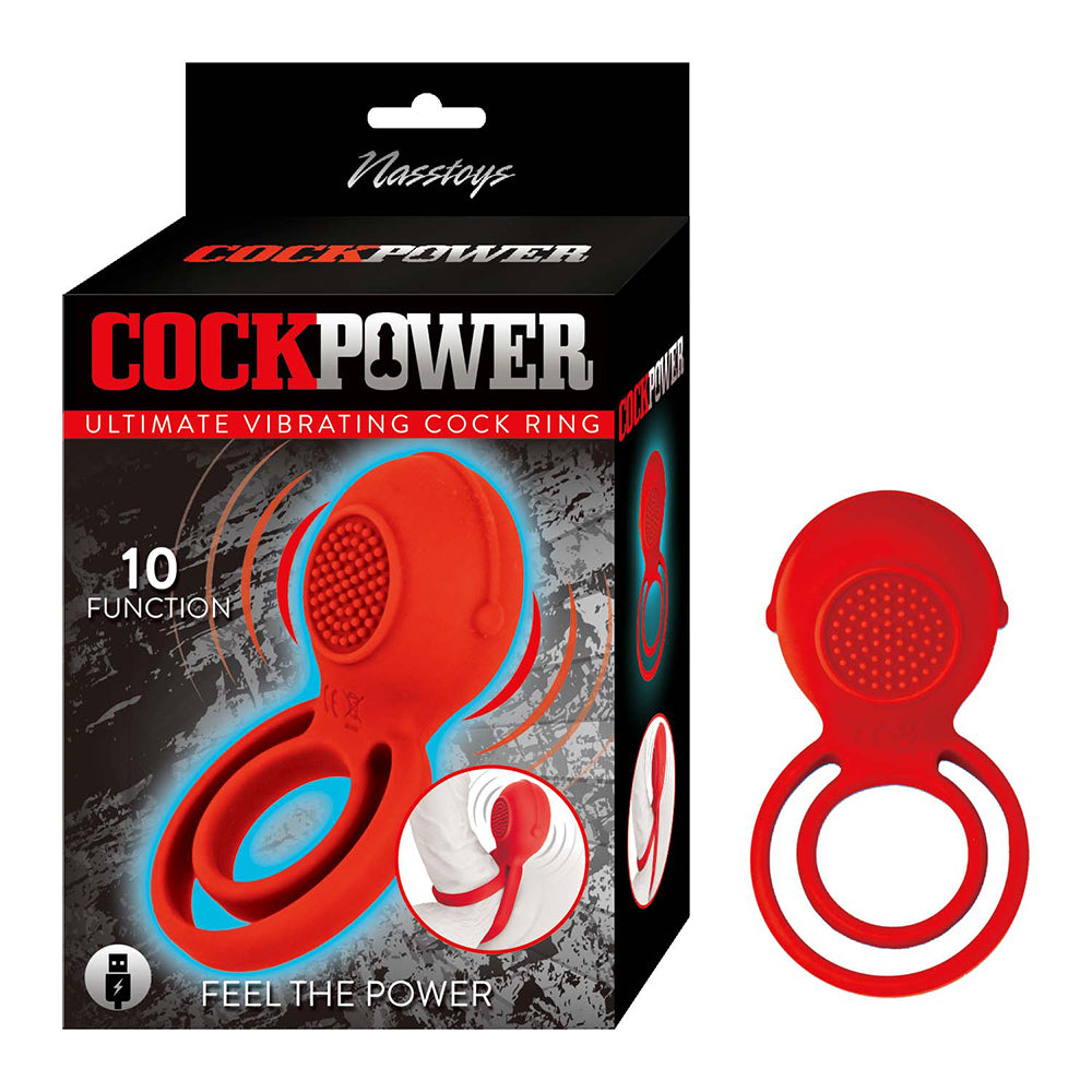 bulbed vibrating cock ring with nubs, with scrotum suppoert beside box packaing in red