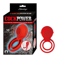 bulbed vibrating cock ring with nubs, with scrotum suppoert beside box packaing in red