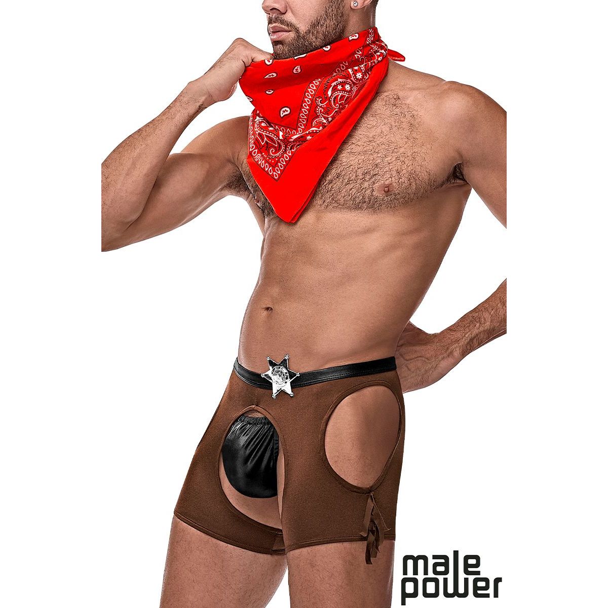 male wearing assless chap shorts, black wetlook g string, with sheriff badge, and red bandana