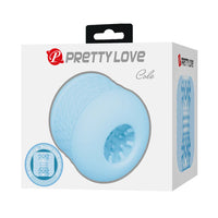 Pretty Love product packaging with a blue masturbator on a white background