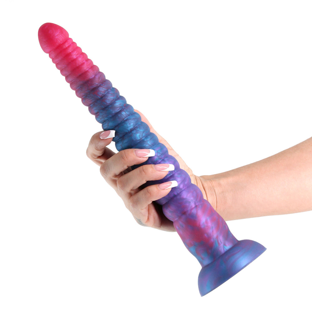 pink multi colored long dildo held in hand