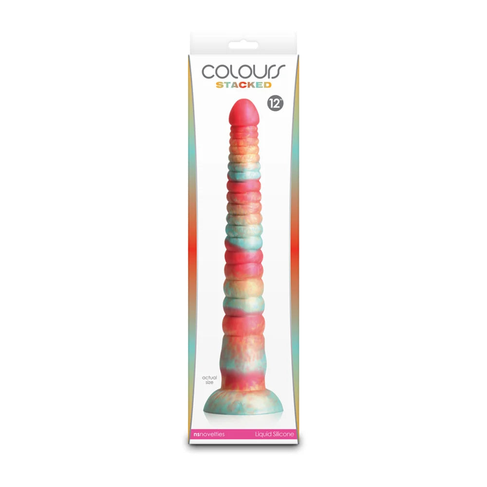 long red multi colored dildo on box packaging