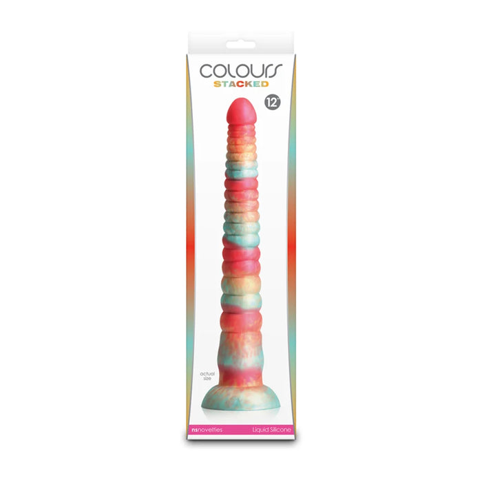 long red multi colored dildo on box packaging
