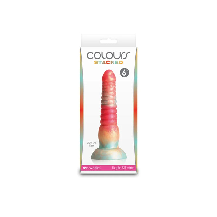 red multi colored stacked dildo 6" on box packaging