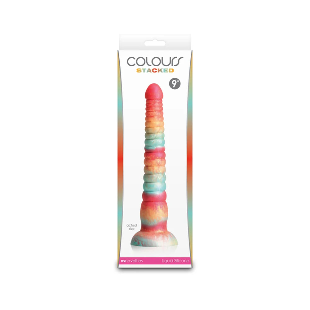 red multi colored dildo 9" on box