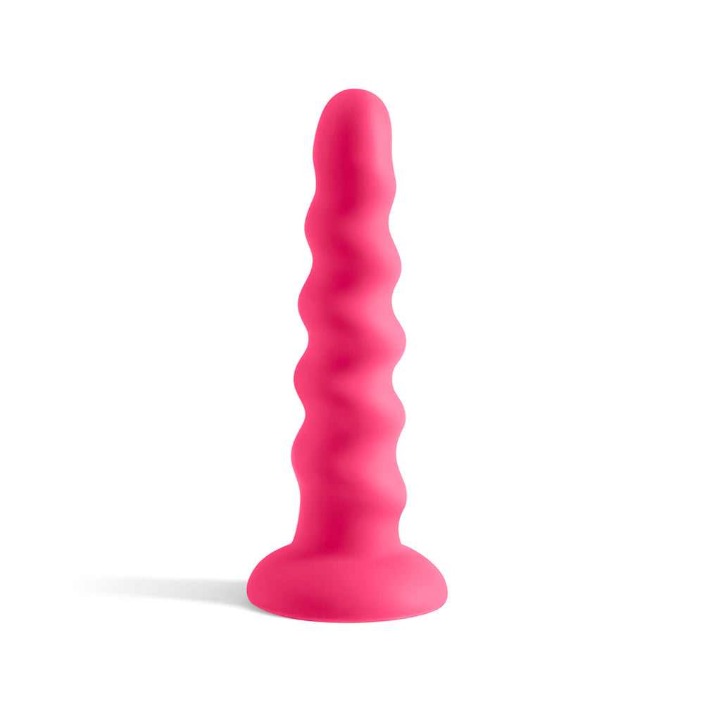 A bright pink wavy silicone dildo with a suction cup base, shown on a clean white background.