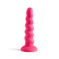 A bright pink wavy silicone dildo with a suction cup base, shown on a clean white background.