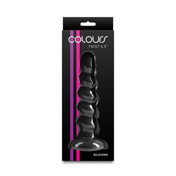 A black silicone twist-on dildo in its original retail packaging. The packaging is black with vertical pink and purple stripes on the left side, featuring the brand name 'colours' and product details 'TWIST 6.