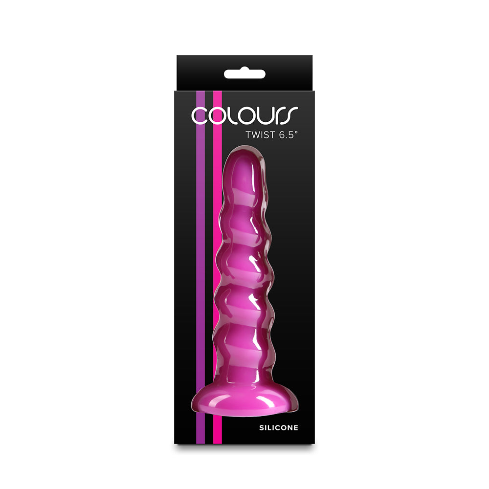 A pink silicone twist-style dildo in its black retail packaging, with the brand name 'colours' and text 'TWIST 6.5"' and 'SILICONE' visible on the box.